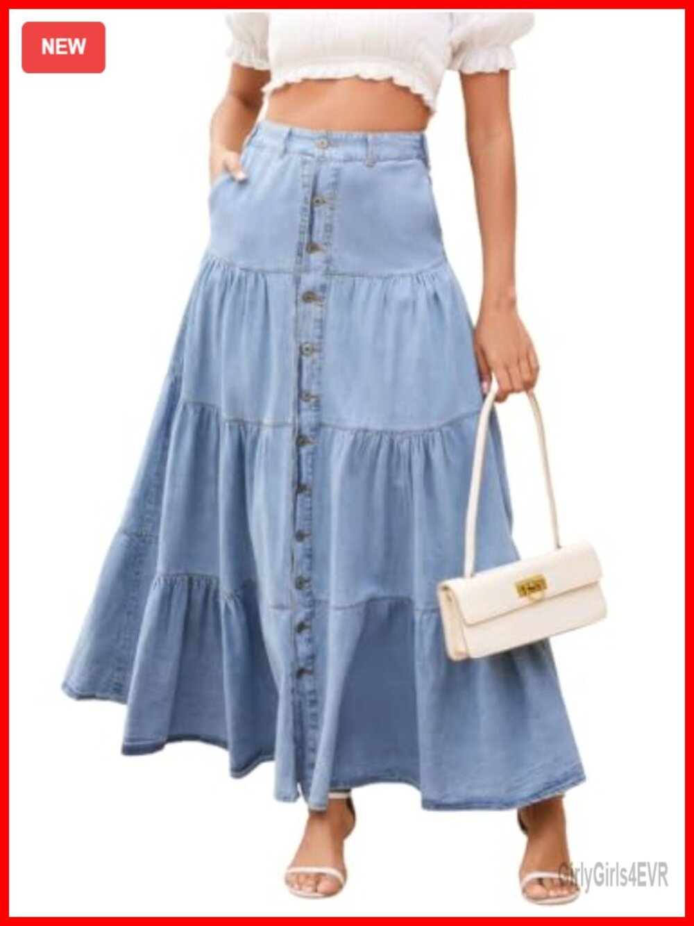 Tiered Button Down Denim Maxi Skirt High Elastic Waist Pleated A-Line